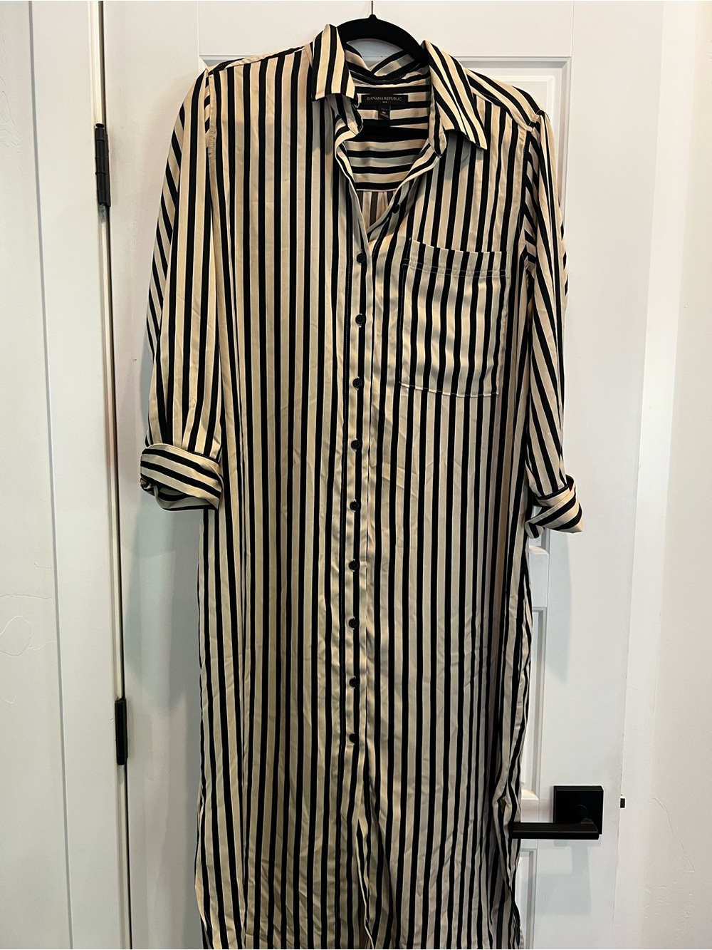 Banana Republic Petite Medium Black Cream Stripe Midi Shirt Dress Long Sleeve - Picture 2 of 8